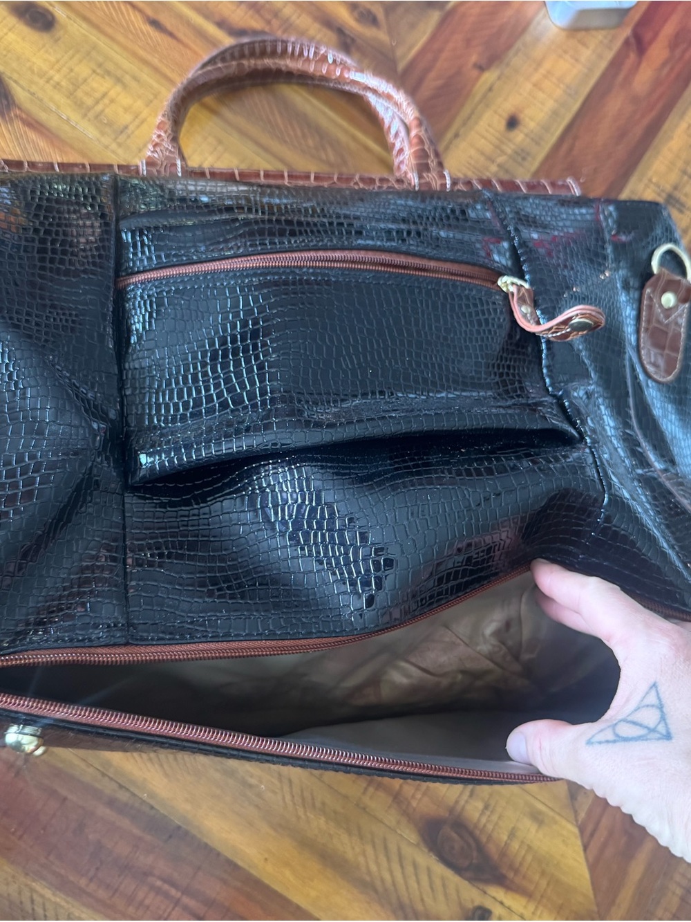 Samantha Brown Croc-Embossed Black Weekender Bag with Brown Trim - Picture 8 of 12